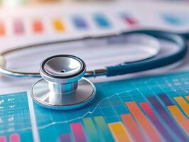 Stethoscope on financial charts and graphs, medical and financial concepts. photo