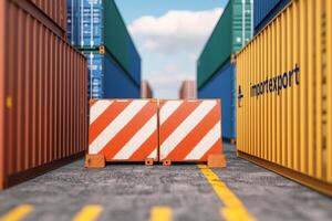 Traffic barrier blocking path among shipping containers in a port. photo