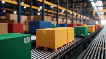 Yellow package on conveyor belt in modern warehouse, blurred background. photo