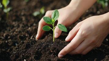 Hands planting a small green seedling in rich soil photo