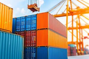 Colorful shipping containers stacked at a port against a blue sky. photo