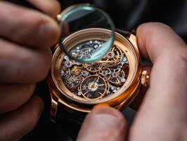 Hands examining intricate watch mechanism with a magnifying glass. photo