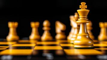 Chess pieces on a board with a focus on the yellow king against a dark background. photo