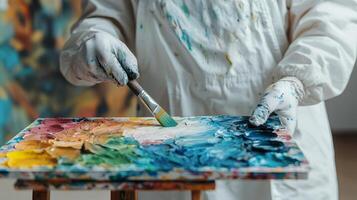Person mixing vibrant paint colors on a palette in a creative studio setting. photo
