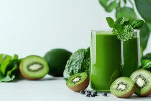 Fresh green smoothie with kiwi, avocado, and mint, on a white isolated background. photo