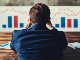 Businessman analyzing financial data with graphs on wall. photo