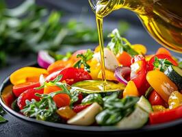 Fresh colorful salad with vegetables and olive oil drizzle on a dark background. photo