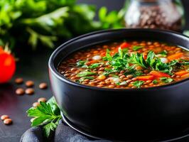 Delicious lentil soup in a black bowl with fresh herbs and vegetables. photo
