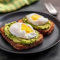Poached eggs on avocado toast served on a dark plate. photo