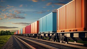 Colorful freight containers on railroad tracks under a scenic sky. photo