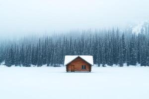 Cozy wooden cabin surrounded by snow-covered trees and tranquil winter scenery. photo