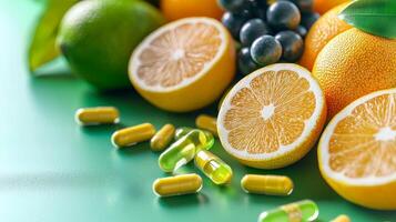 Vibrant fruits and dietary supplements on a green surface. photo