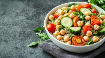 Fresh vegetable salad with chickpeas in a white bowl on a textured gray background. photo