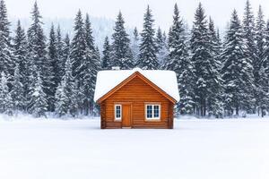 Cozy wooden cabin in snowy landscape surrounded by tall evergreen trees. photo