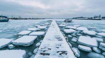 Frozen pier with ice floes under a cloudy sky by the water. photo