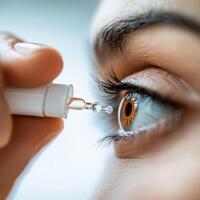 Person applying eye drop, close-up shot, white isolated background. photo