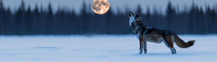 A wolf howling at a full moon in a snowy landscape with trees in the background. photo