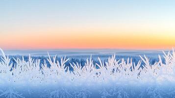 Frosty landscape at sunrise with delicate ice formations and pastel sky. photo