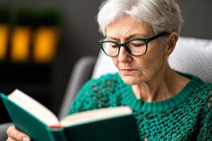 Elderly woman reading a book in a cozy living room setting. photo