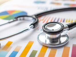 Stethoscope on financial report with colorful charts and graphs. photo