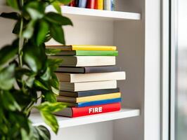 Stack of colorful books on shelf with greenery, bright room ambiance. photo