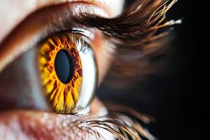 Close-up of an eye with intricate details in the iris and eyelashes. photo
