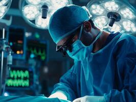 Surgeon performing surgery in a sterile operating room with bright lights. photo