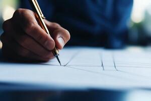 Hand holding pen, sketching designs on paper in a modern workspace. photo