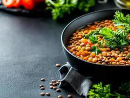 Delicious lentil soup garnished with fresh herbs in a black bowl. photo
