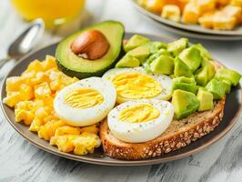 Delicious breakfast plate with avocado, eggs, and toasted bread. photo