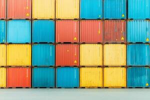 Colorful stacked shipping containers on a port, industrial background. photo