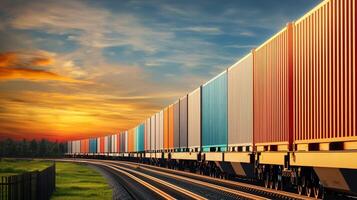 Cargo train with colorful containers moving under a sunset sky. photo