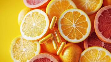 Vibrant citrus fruits with dietary supplements, yellow background. photo