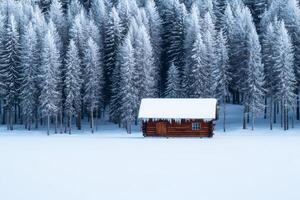 Cozy cabin nestled in a snowy forest surrounded by tall evergreen trees. photo