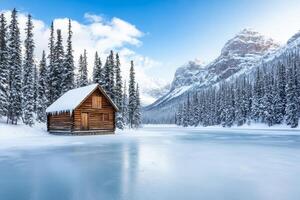 Snowy landscape with a wooden cabin by a frozen lake surrounded by trees. photo