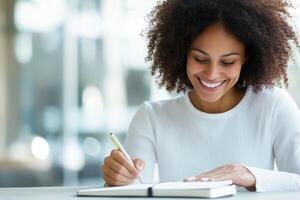 Happy woman writing in notebook, indoor setting, smiling with curly hair. photo