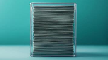 Stacked papers in a glass holder on a teal background. photo