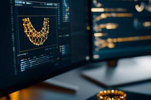 3D modeling software displaying a golden necklace design on dual monitors. photo