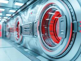 Futuristic technology with glowing red lights and sleek metallic design. photo