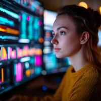 Woman analyzing data on multiple screens in a modern workspace. photo