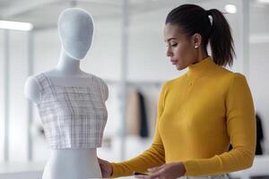 Fashion designer working on a garment with a mannequin in a bright studio setting. photo