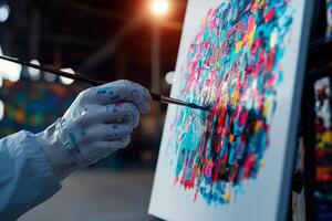 Artist painting colorful abstract art on canvas in studio setting. photo