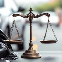 Bronze scales of justice on a blurred background, symbolizing law and fairness. photo