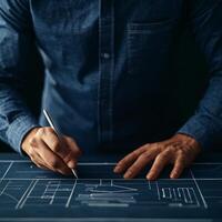 Person sketching architectural plans on blueprint with dark background. photo