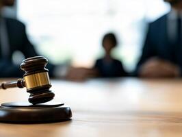 Gavel on table in courtroom during legal proceedings, blurred audience in background. photo