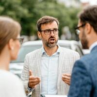 Group of professionals discussing ideas on a city street. photo