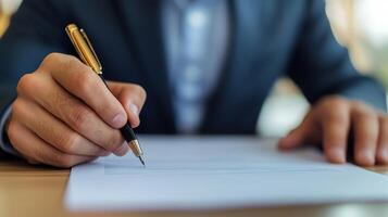 Business professional writing notes with a pen on a blank paper. photo