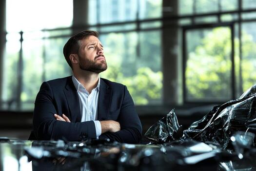 Thoughtful man in a suit surrounded by shattered glass, reflecting deep emotions. photo