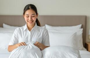 Smiling woman arranging pillows on a neatly made bed with soft linens. photo
