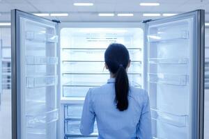 Person standing in front of an open refrigerator, contemplating food choices. photo